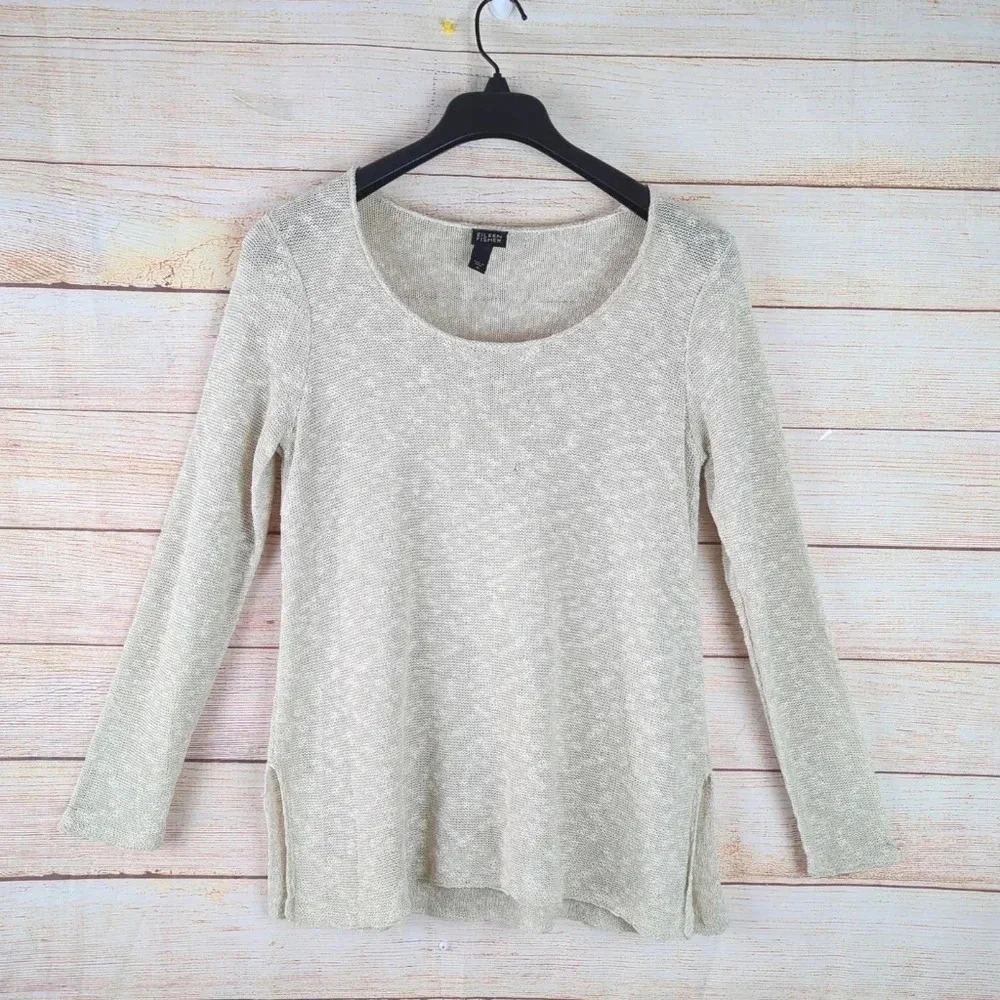 Eileen Fisher System Size Medium Knit Scoop Neck Pull on Linen Blouse Beige Top